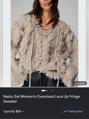 Nasty Gal Taupe Fringe Lace-Up Oversized V-Neck Sweater